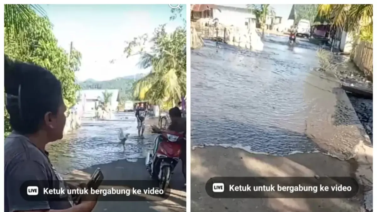 Tangkapan layar video warga panik saat air laut naik memasuki permukiman pesisir usai gempa M 7,6 di Sulawesi Utara. (Radar Palu)