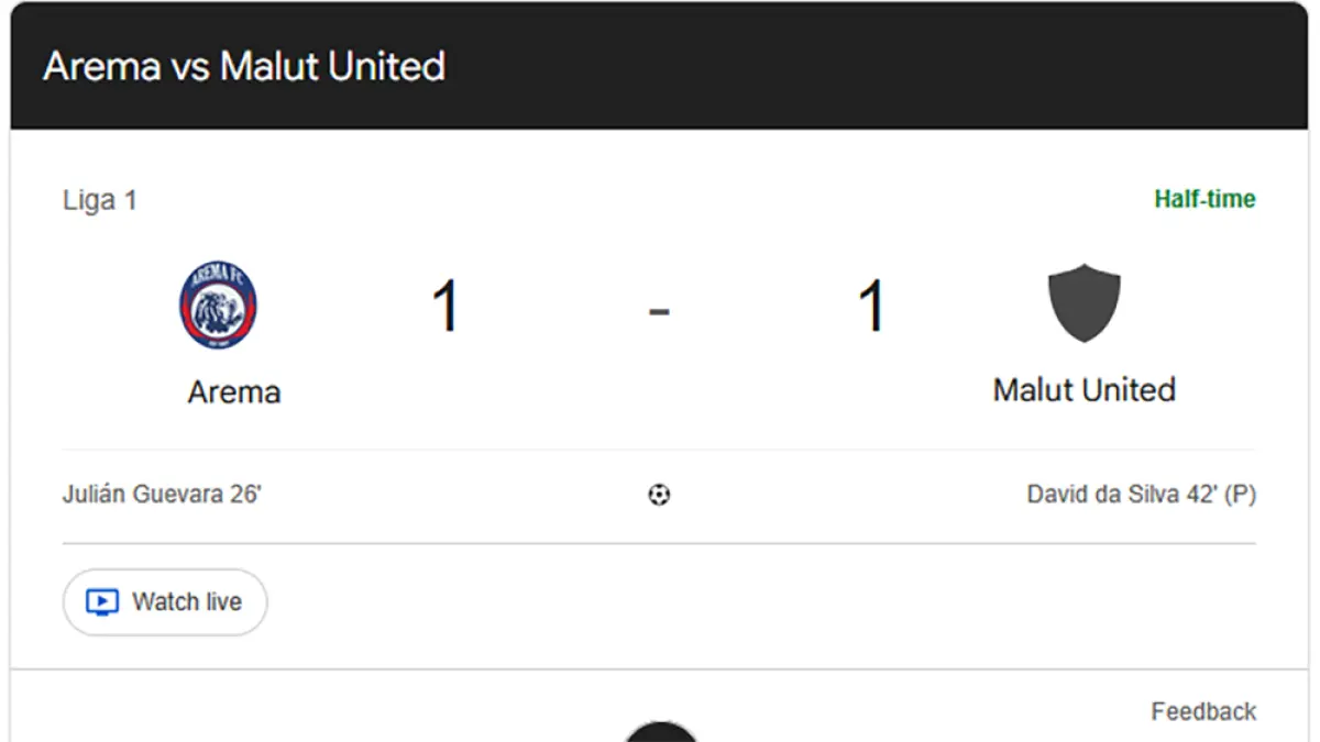 Babak Pertama Arema FC vs Malut United Berakhir Imbang 1-1. (Tangkapan Layar Google)