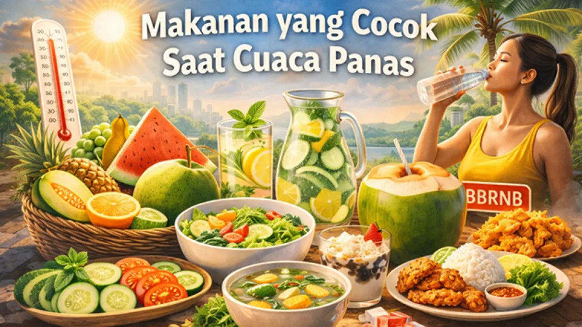 Cuaca panas bikin cepat lelah? Simak rekomendasi makanan segar tinggi air agar tubuh tetap terhidrasi dan bugar saat suhu meningkat. (Ilustrasi ChatGPT Image)