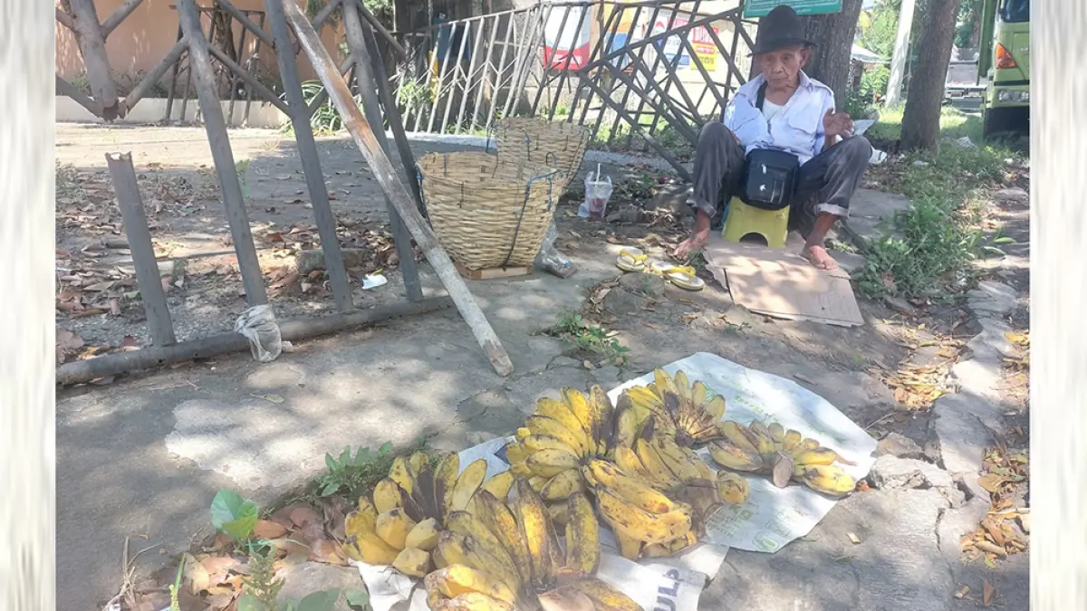LANJUT USIA: Ahmad Sai berjualan pisang di tepi Jalan Raden Wijaya, Lingkungan Kluncing, Kelurahan/Kecamatan Giri pada Kamis (2/4). (Akbar Maulana/Radar Banyuwangi)