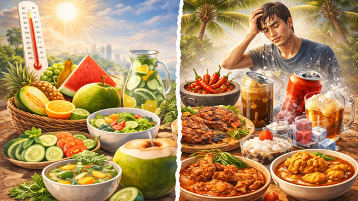 Simak panduan lengkap makanan yang boleh dan pantangan saat cuaca panas agar tubuh tetap segar, sehat, dan terhindar dari dehidrasi. (Ilustrasi ChatGPT Image)