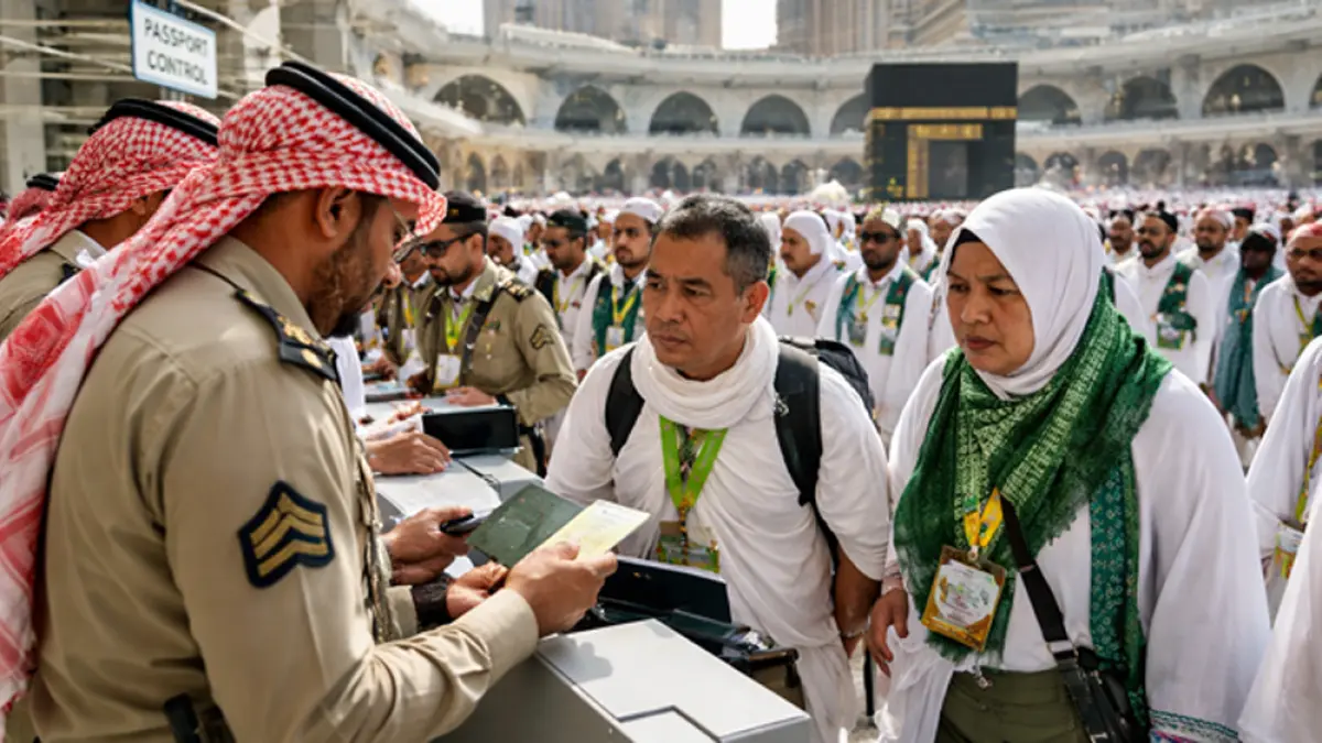 Haji 2026 makin ketat, Kemenhaj ingatkan bahaya haji ilegal. Tanpa visa resmi, jemaah terancam denda, deportasi, dan larangan masuk Saudi. (Ilustrasi ChatGPT Image)