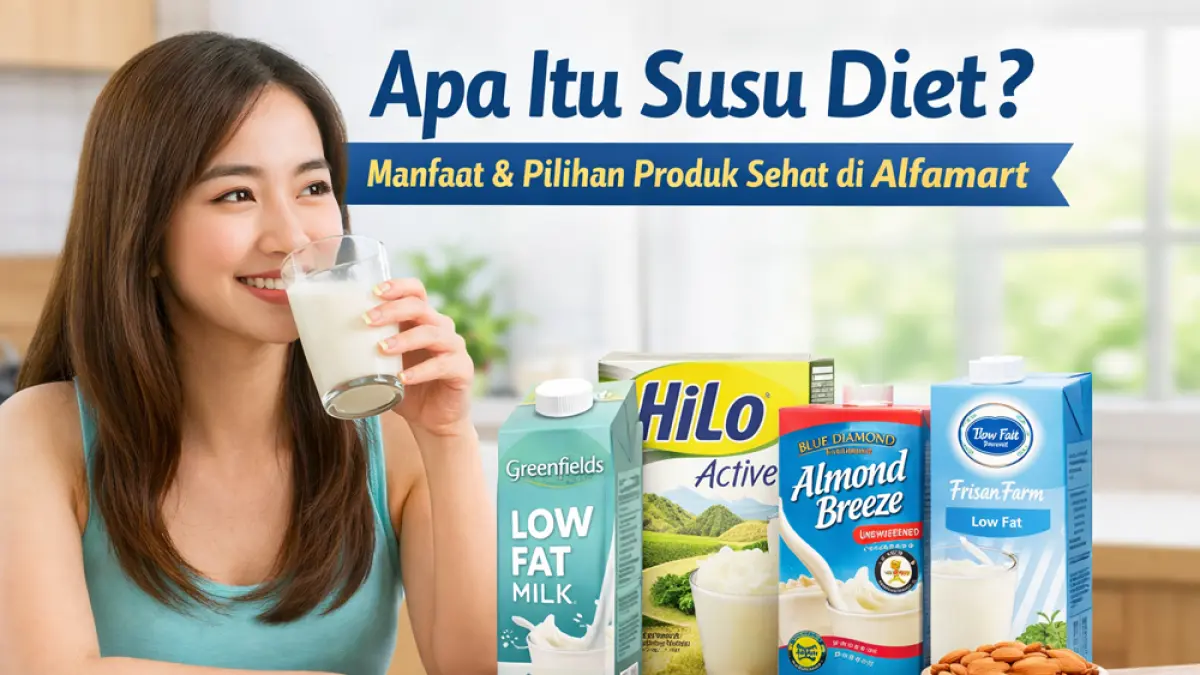 Kenali susu diet, manfaatnya untuk kesehatan, serta rekomendasi produk rendah lemak dan susu nabati yang tersedia di Alfamart. (Ilustrasi ChatGPT Image)