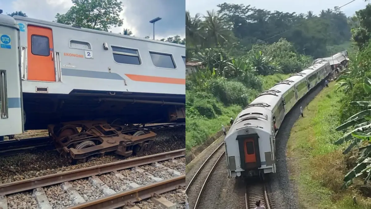 Kereta Api Bangunkarta rute Jombang-Pasarsenen anjlok di Stasiun Bumiayu pada Senin (6/4/2026). (X/@sahabat_kereta)