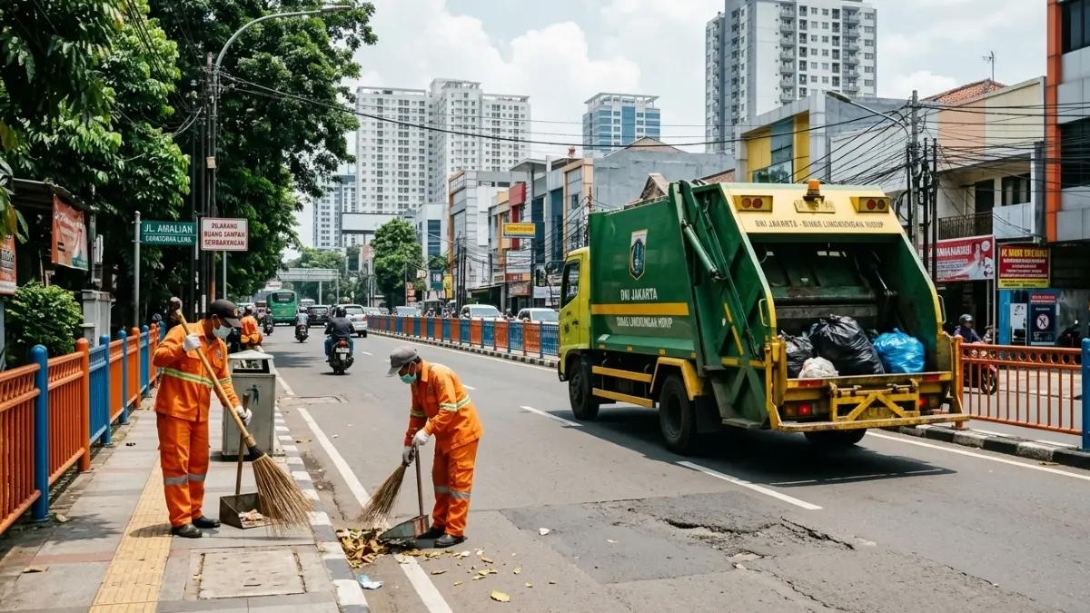 Sudin LH Jakarta Selatan mengerahkan 190 unit truk dan 1.107 petugas guna mengatasi volume sampah yang mencapai 1.120 ton per hari. (Gemini AI)