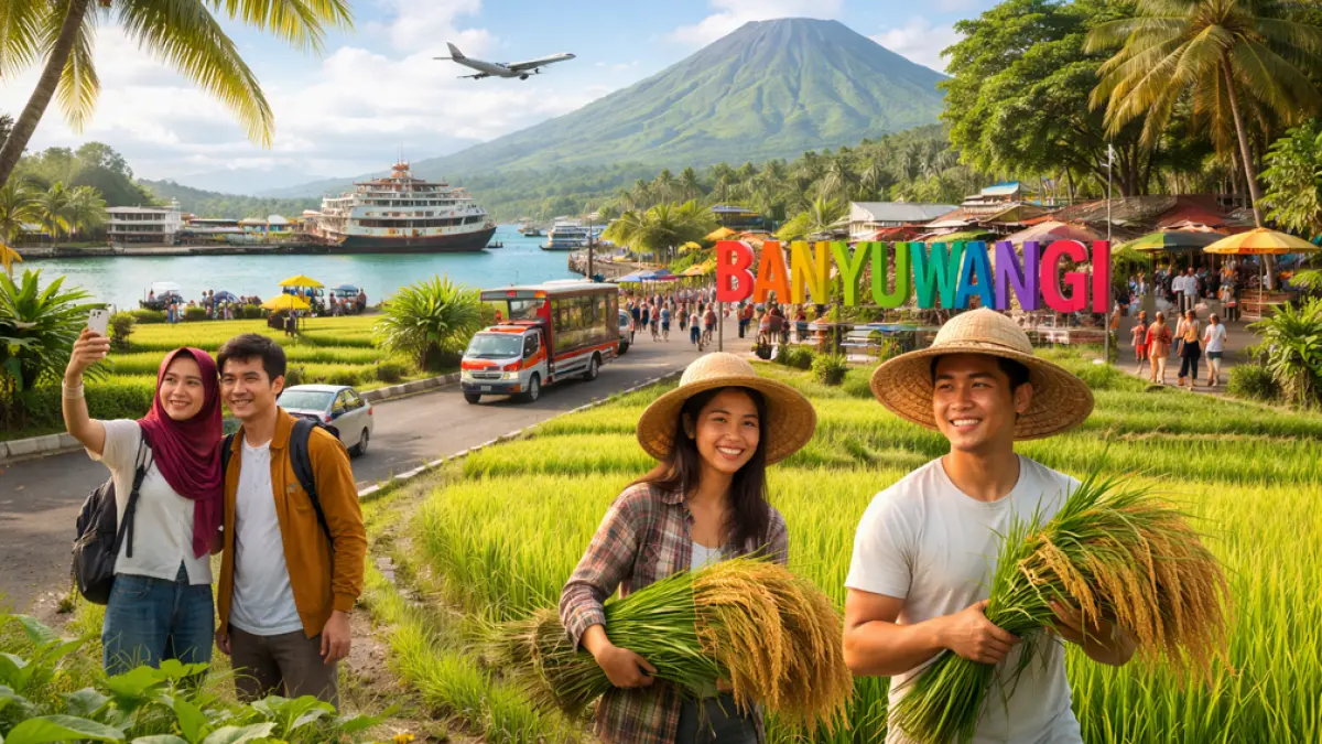 Ekonomi Banyuwangi 2025 tumbuh 5,65 persen, melampaui Jatim dan nasional. Pariwisata dan pertanian jadi penggerak utama ekonomi daerah. (Ilustrasi ChatGPT Image)