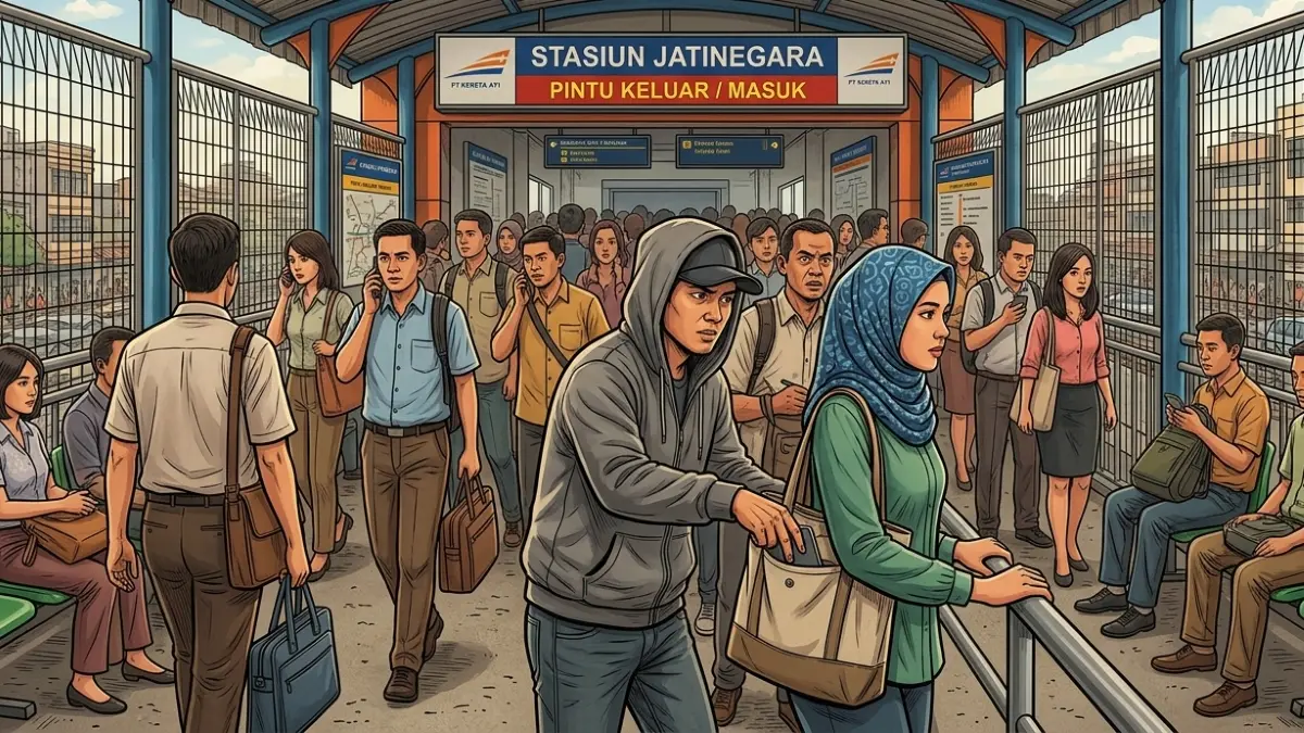 Ilustrasi aksi pencopetan di JPO Stasiun Jatinegara, Jakarta Timur. (Gemini AI)