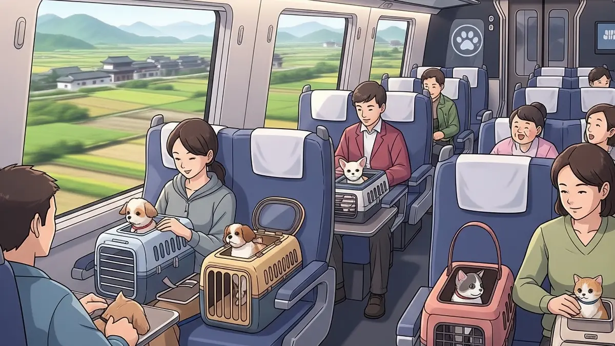 Ilustrasi China perluas layanan transportasi hewan peliharaan di kereta cepat ke 121 stasiun dan 228 kereta. (Gemini AI)