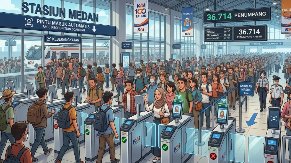 Ilustrasi KAI Divre I Sumut mencatat 36.714 penumpang menggunakan face recognition boarding gate pada triwulan I 2026. (Gemini AI)