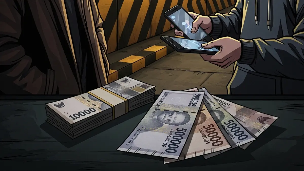 Ilustrasi pelaku menjual ponsel curian ke pasar gelap Rp300–500 ribu. (Gemini AI)