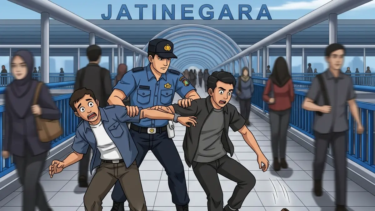 Ilustrasi polisi menangkap dua pencopet di JPO Stasiun Jatinegara setelah laporan warga. (Gemini AI)