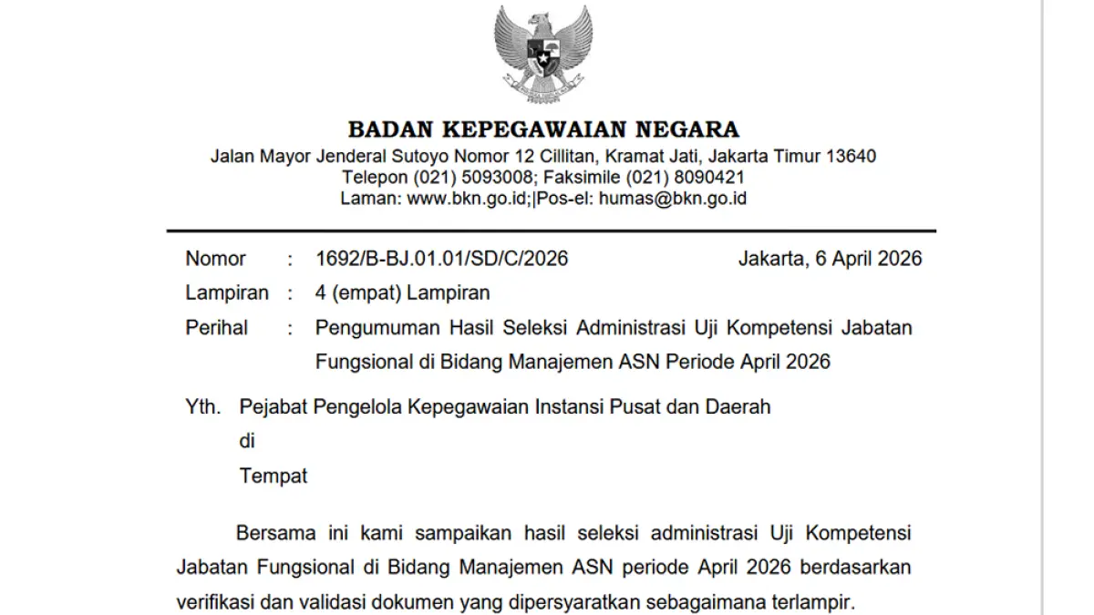 Pengumuman hasil seleksi administrasi Uji Kompetensi Jabatan Fungsional ASN April 2026. (Tangkapan Layar BKN)