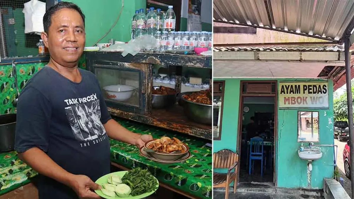 SUPER PEDAS: Kurniadi memperlihatkan menu ayam pedas Mbok Wo yang berlokasi di Dusun Rejoagung, Desa Sumberagung, Kecamatan Pesanggaran. (Salis Ali/Radar Banyuwangi)