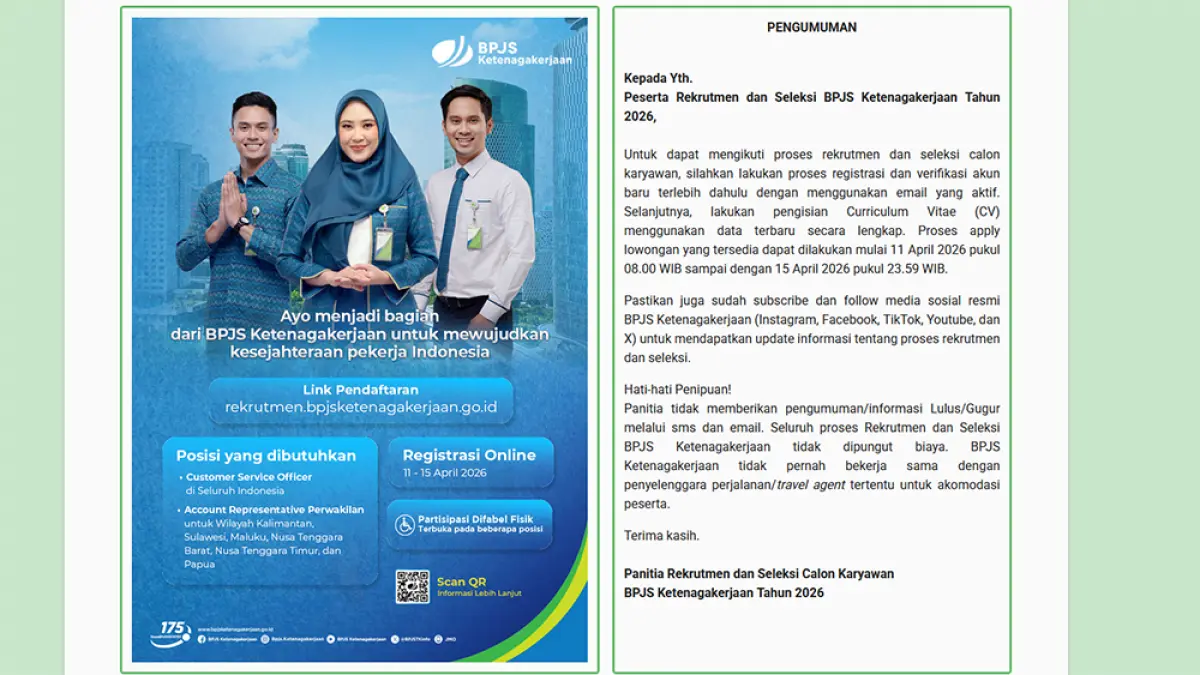 Pengumuman rekrutmen karyawan di laman rekrutmen.bpjsketenagakerjaan.go.id (Tangkapan Layar)