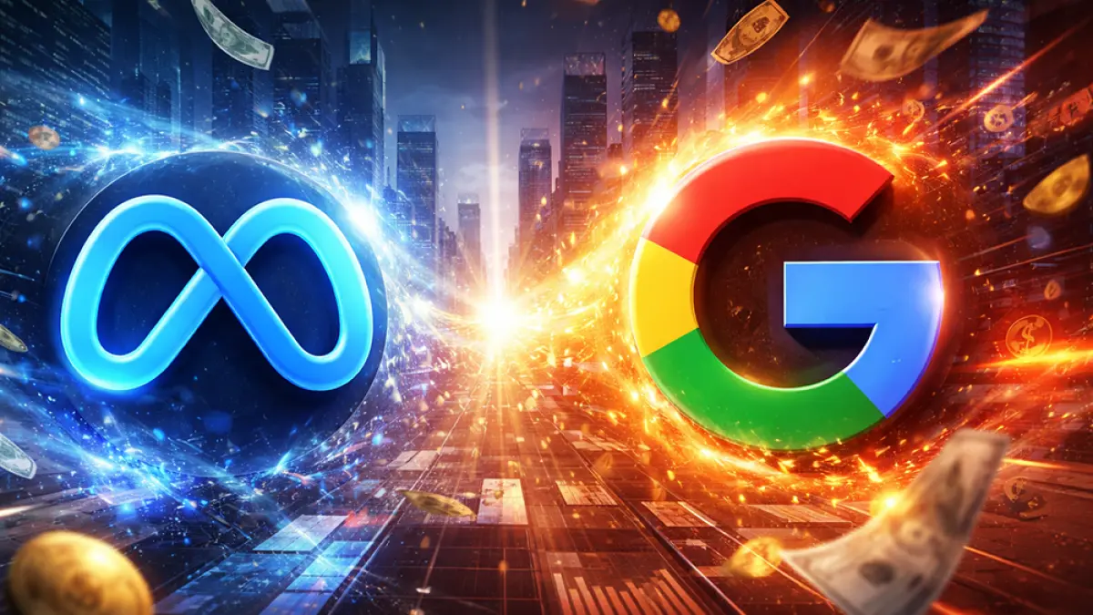 Untuk pertama kali, pendapatan iklan Meta diproyeksi lampaui Google akhir 2026, dominasi mesin pencari mulai luntur. (Ilustrasi ChatGPT Image)
