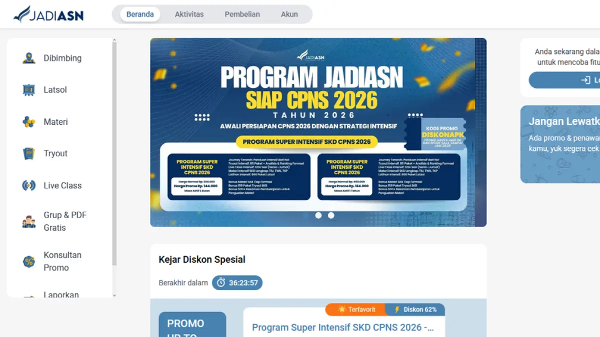 Bimbel CPNS 2026 makin diminati. JadiASN hadirkan diskon hingga 62%, tryout, live class, dan materi lengkap untuk persiapan SKD. (tangkapan layar laman app.jadiasn.id)
