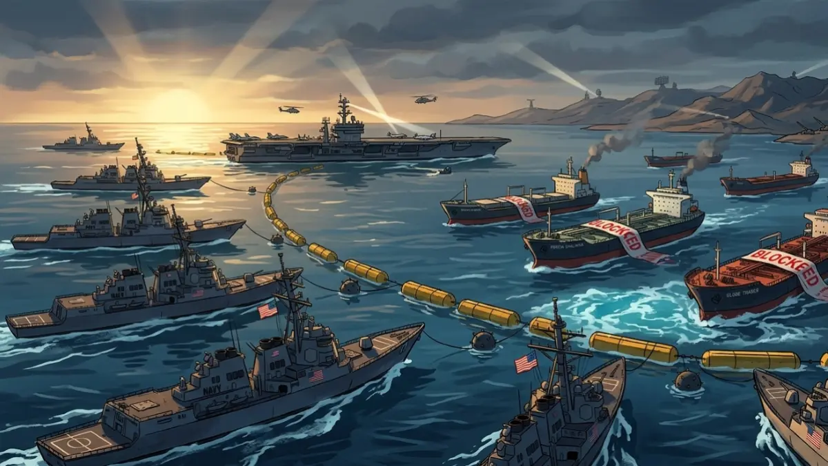 Ilustrasi blokade Amerika Serikat di Selat Hormuz. (Gemini AI)