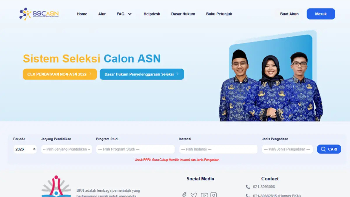 Panduan lengkap daftar CPNS 2026 di SSCASN BKN. Simak cara buat akun, pilih formasi, unggah dokumen, hingga finalisasi pendaftaran. (tangkapan layar laman sscasn.bkn.go.id)