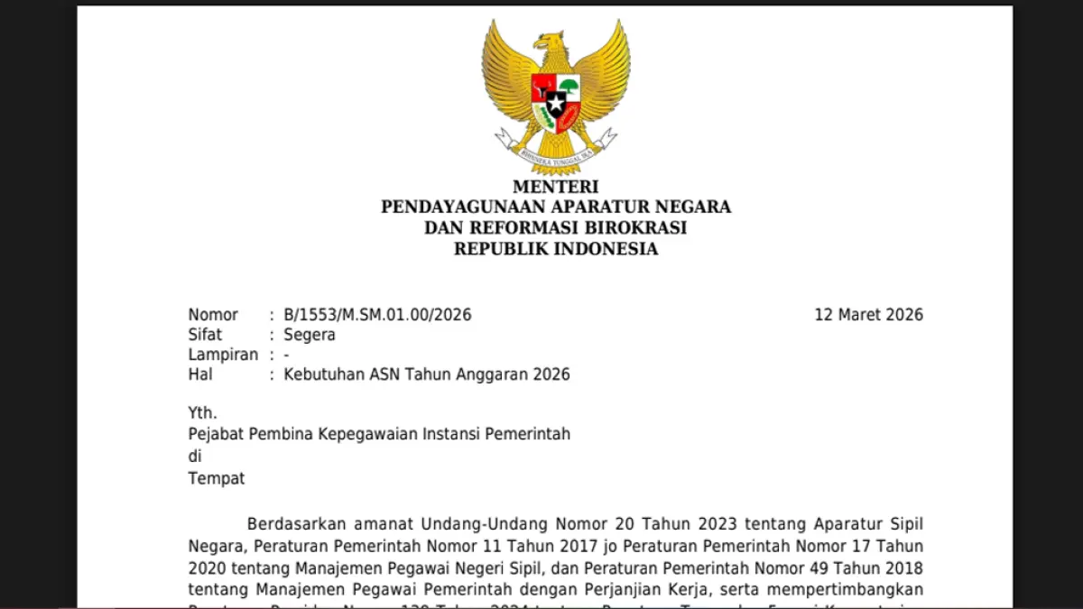 Surat Menteri PANRB Nomor B/1553/M.SM.01.00/2026 yang mengatur persiapan penyusunan kebutuhan ASN Tahun Anggaran 2026 oleh Kementerian Pendayagunaan Aparatur Negara dan Reformasi Birokrasi. (tangkapan layar laman rekrutmencpns.id)