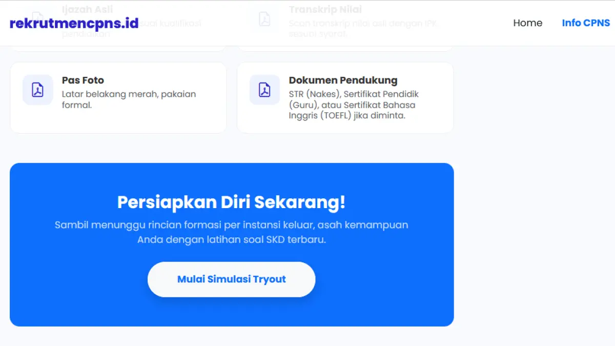 Try out gratis CPNS 2026 ramai diminati. Simulasi CAT mirip BKN bantu pelamar latihan SKD lengkap dengan skor dan analisis real-time. (tangkapan layar laman rekrutmencpns.id)