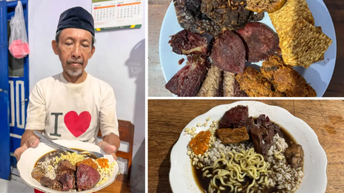BIKIN KETAGIHAN: Rawon Mak Tini yang berlokasi di sebelah utara Masjid Baiturrahman Banyuwangi memiliki ciri khas kuahnya yang hitam pekat dengan resep warisan leluhur. Selain menu pokok nasi dengan daging empal, cambah, dan sambal, rawon Mak Tini menyediakan lauk pendukung seperti paru, limpa, usus, dan tempe. (Ramada Kusuma/Radar Banyuwangi)