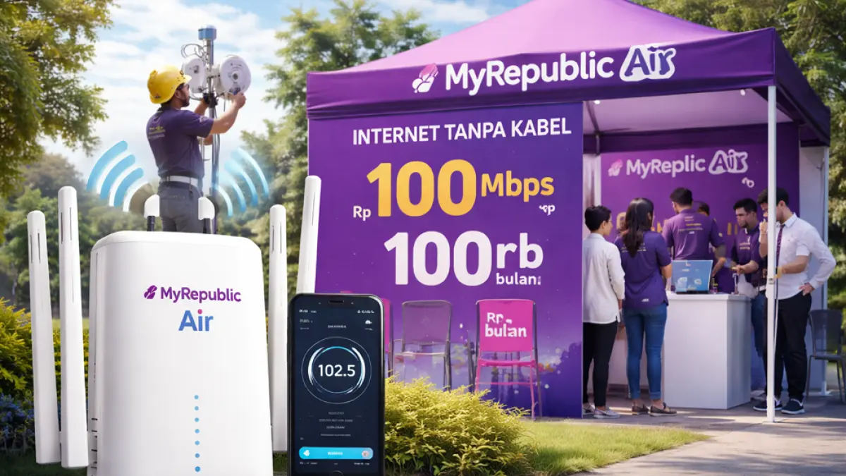 MyRepublic Air hadir sebagai internet tanpa kabel 100 Mbps Rp 100 ribu. Siap jangkau daerah luar kota dan tantang jaringan fiber. (Ilustrasi ChatGPT Image)