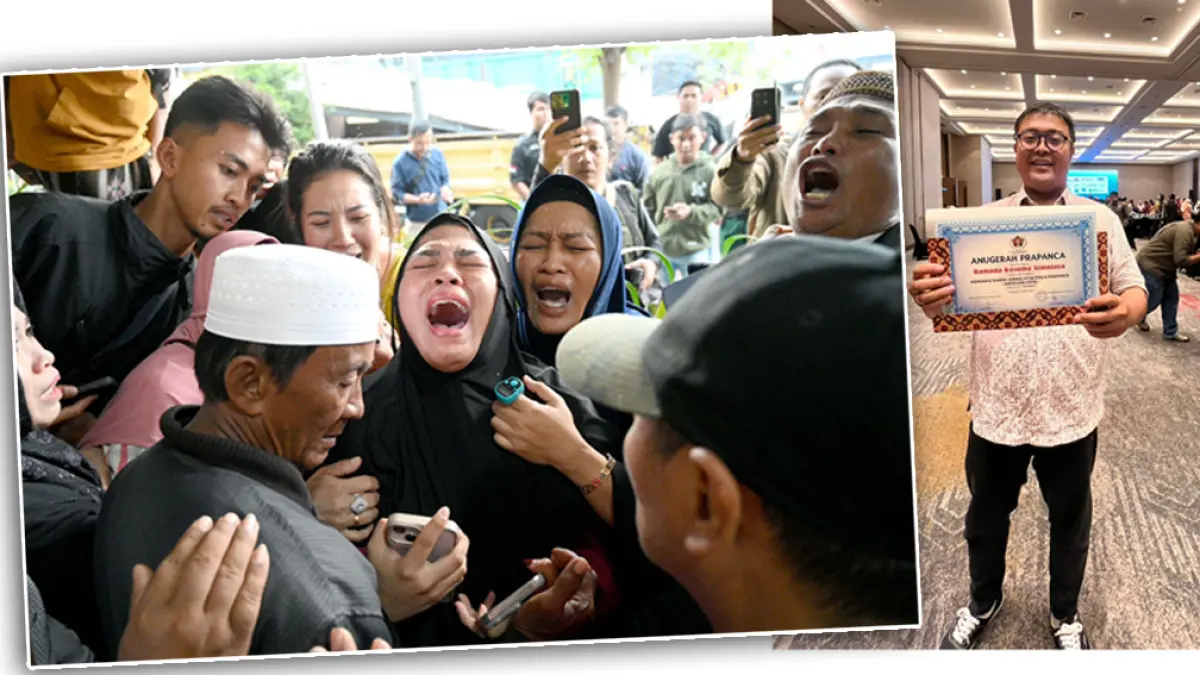 TANGSIAN HARU: Karya foto Ramada berjudul ”Musibah” menggambarkan suasana haru penemuan korban selamat tenggelamya KMP Tunu Pratama Jaya pada awal Juli 2025 lalu. (kiri) Ramada memegang penghargaan dari PWI Jatim di Dyandra Convention Center, Surabaya, Kamis (16/4). (Ramada Kusuma/Radar Banyuwangi)