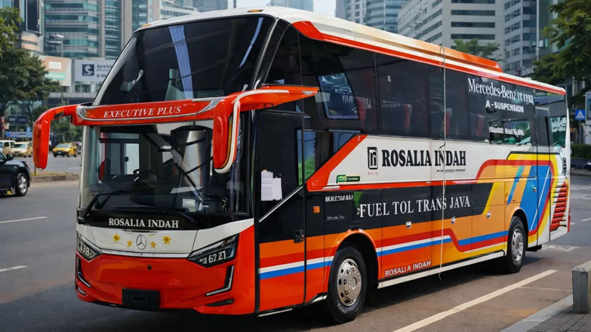 Rosalia Indah rilis armada 2026 dengan sasis Mercedes-Benz 1626. Fasilitas mewah dan harga kompetitif siap tarik penumpang. (Ilustrasi ChatGPT Image)