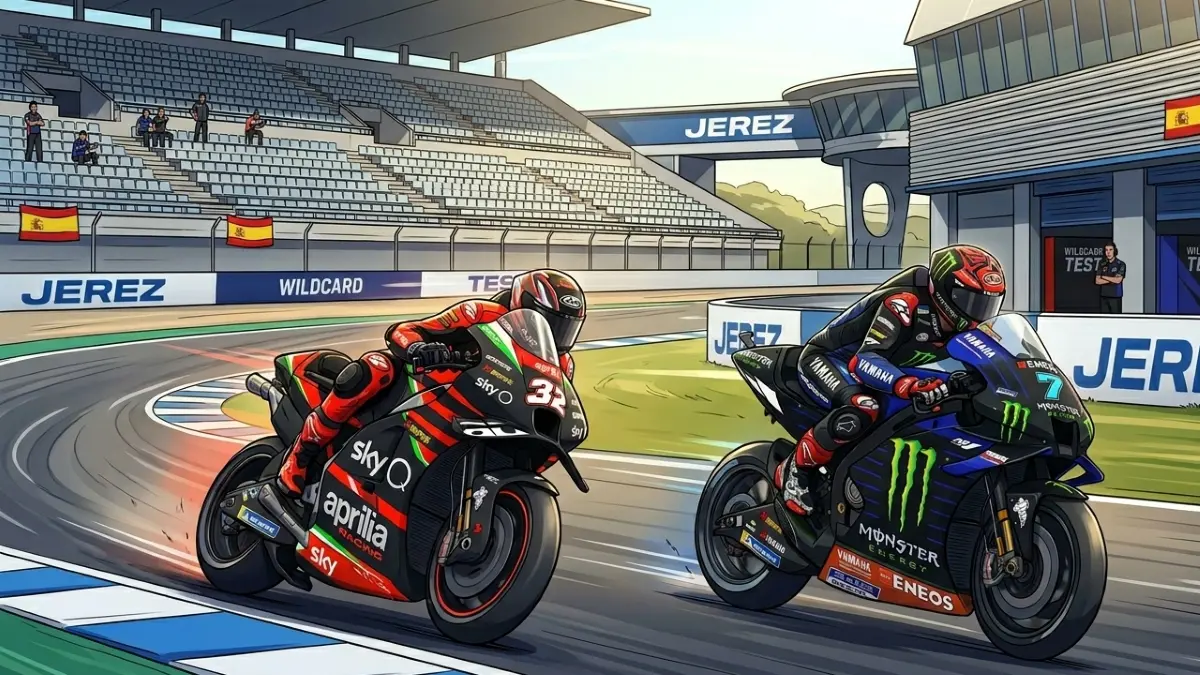 Ilustrasi Aprilia dan Yamaha turunkan wildcard di MotoGP Jerez 2026. (Gemini AI)