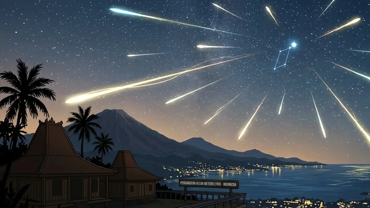 Ilustrasi hujan meteor Lyrid melintasi langit Indonesia. (Gemini AI)