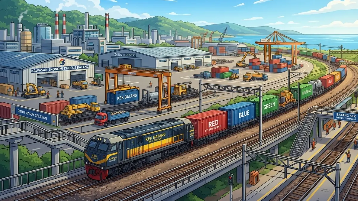 Ilustrasi KAI bersama sejumlah BUMN mengembangkan dry port berbasis rel di KEK Batang. (Gemini AI)