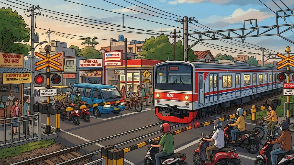 Ilustrasi KRL Commuter Line melintasi perlintasan sebidang di Kawasan Rawa Buaya, Cengkareng, Jakarta Barat. (Gemini AI)