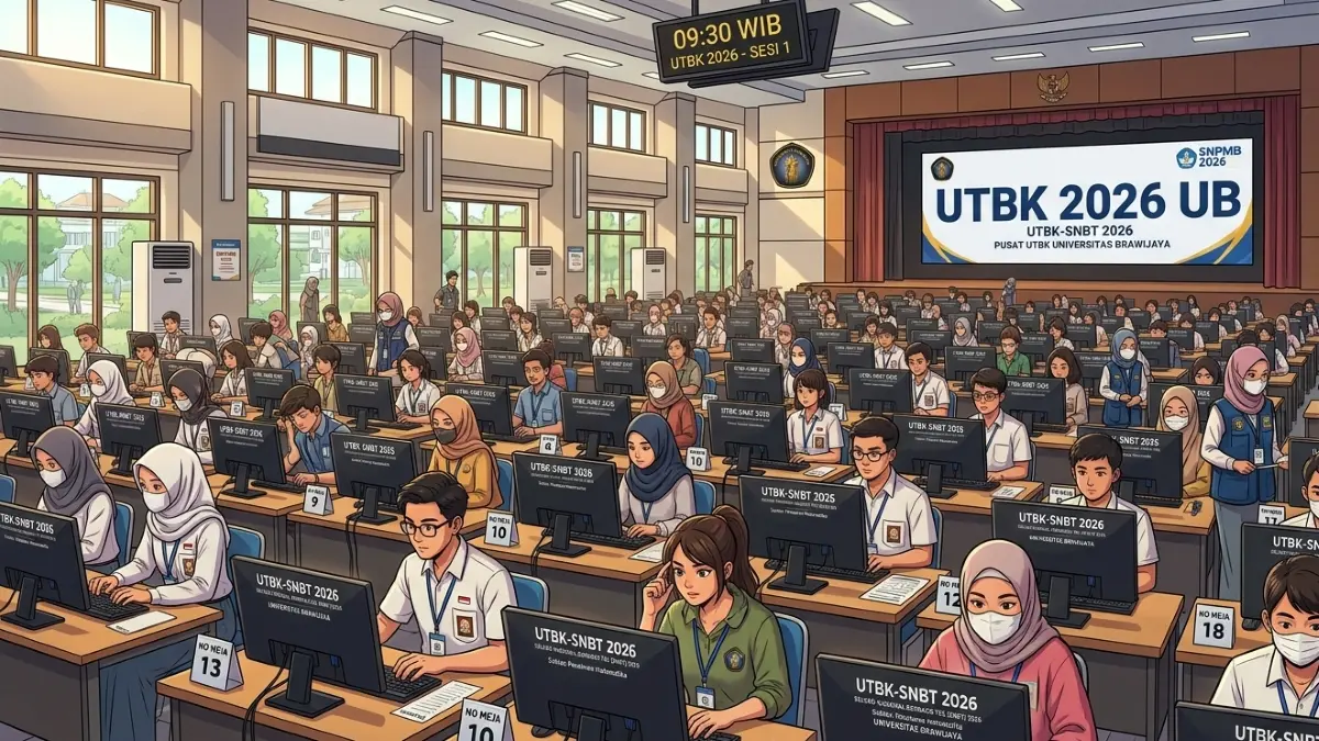 Ilustrasi pelajar mengikuti UTBK SNBT 2026 di Universitas Brawijaya Malang. (Gemini AI)