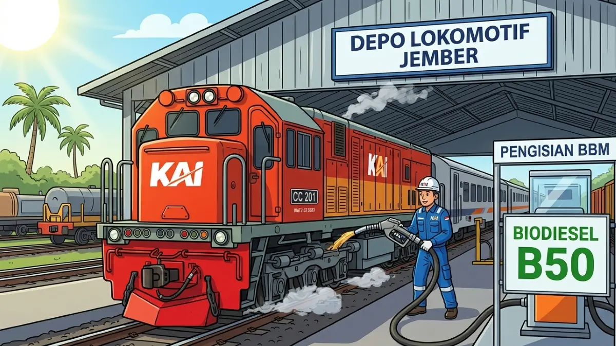 Ilustrasi pemerintah uji jalan biodiesel B50 di sektor kereta api akhir April 2026. (Gemini AI)
