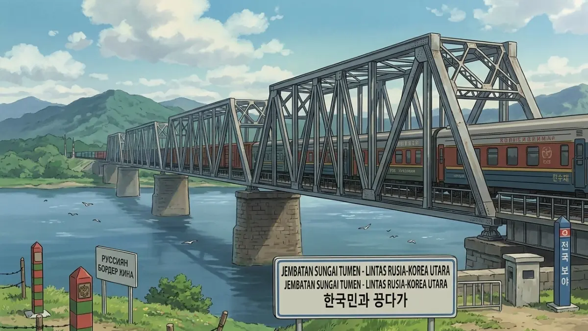 Ilustrasi Rusia dan Korea Utara resmi membuka jalur kereta lintas Sungai Tumen. (Gemini AI)