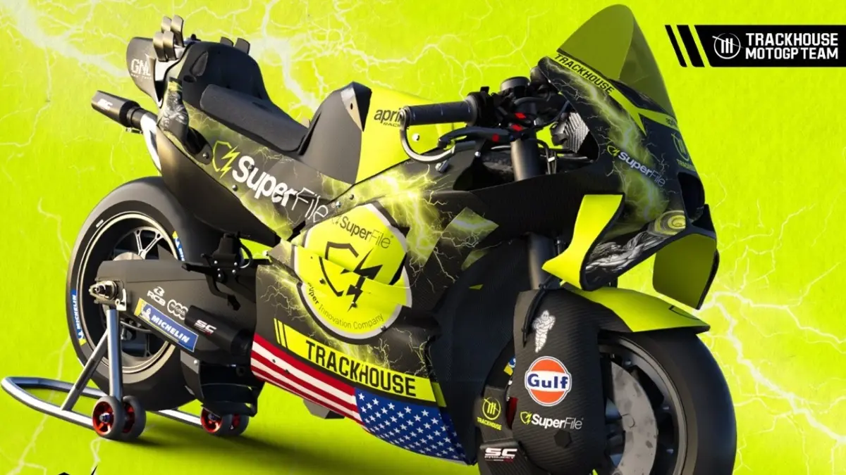 Trackhouse Aprilia Racing meluncurkan livery hitam-kuning hasil kolaborasi dengan SuperFile di MotoGP Jerez 2026. (Trackhouse)