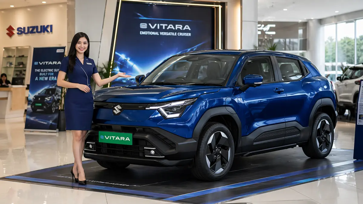 Suzuki e-Vitara resmi meluncur 2026. SUV listrik 4WD jarak 500 km, desain futuristik, siap jadi rival kuat EV China dan Korea. (Ilustrasi ChatGPT Image)