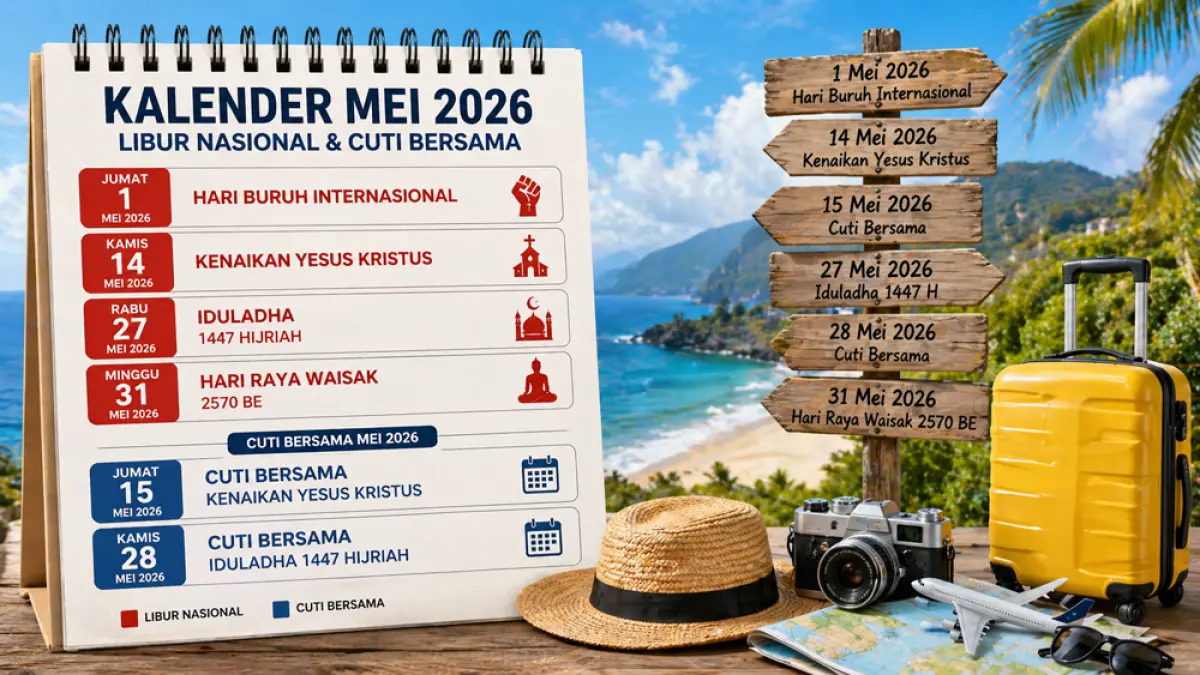 Cek 6 tanggal merah Mei 2026 lengkap dengan cuti bersama. Ada peluang long weekend, cocok untuk liburan dan wisata keluarga. (ChatGPT Image)