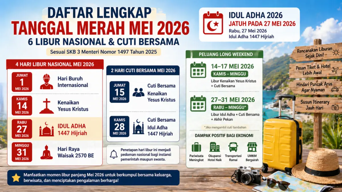 Idul Adha 2026 jatuh 27 Mei. Cek daftar lengkap 6 tanggal merah dan cuti bersama Mei 2026, peluang long weekend dan liburan. (ChatGPT Image)