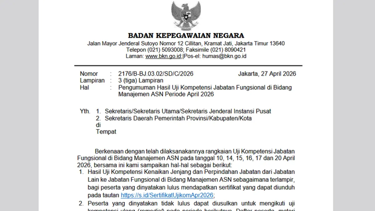 Hasil uji kompetensi ASN April 2026 diumumkan. Peserta lulus bisa unduh sertifikat, yang belum lulus dapat ikut remedial. (tangkapan layar)