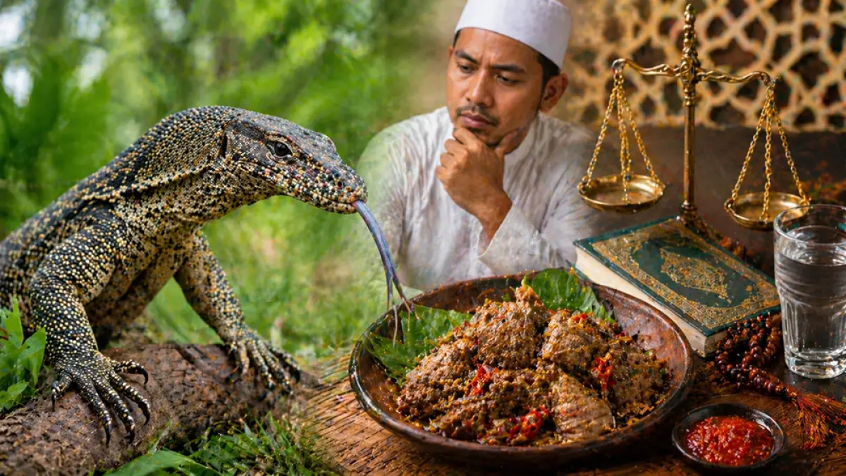 Hukum makan daging biawak dalam Islam masih diperdebatkan. Simak penjelasan ulama, hadis, dan pandangan fiqih lengkap di sini. (ChatGPT Image)