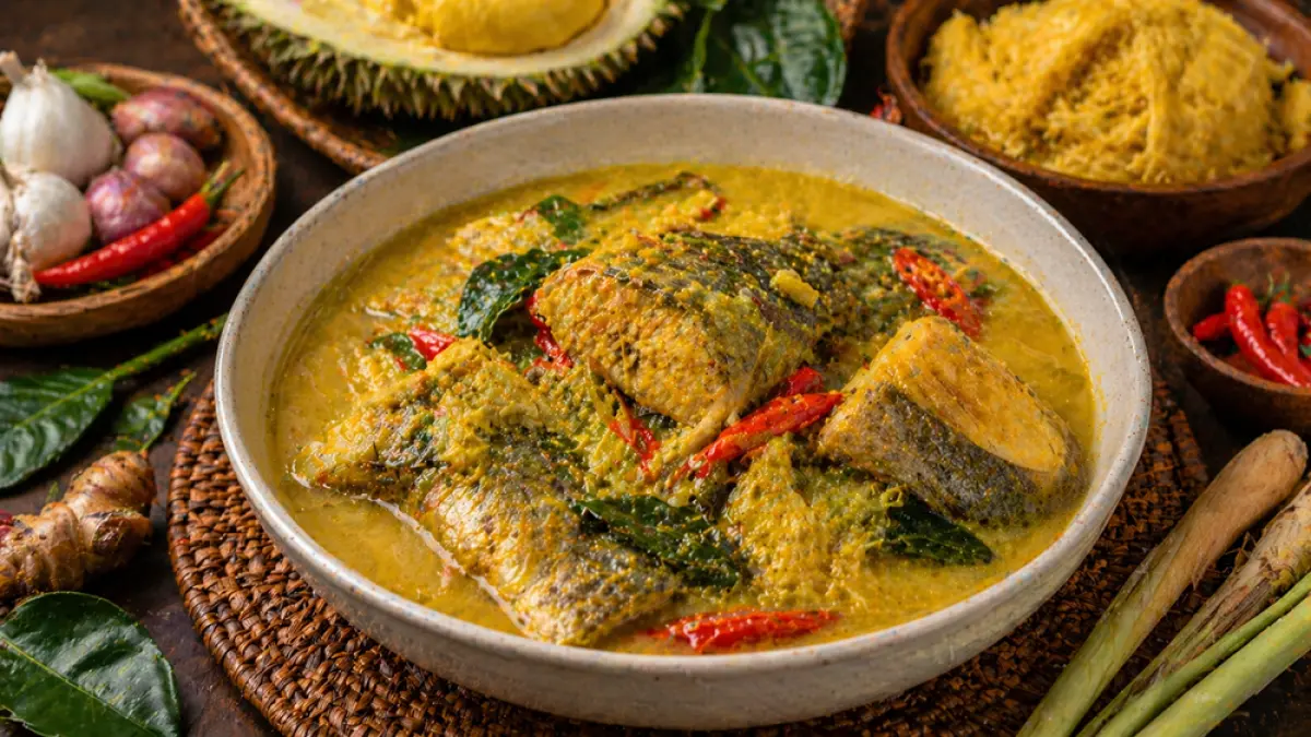 Resep tempoyak ikan khas Sumatera dengan rasa asam pedas unik. Simak bahan, cara membuat, dan keunikan kuliner fermentasi Indonesia ini. (ChatGPT Image)