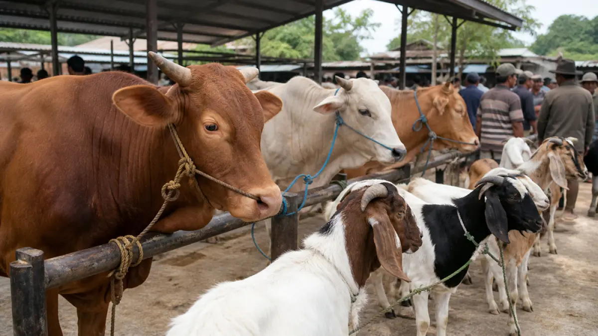 Harga sapi kurban diprediksi terus naik jelang Idul Adha hingga Rp70 ribu/kg. Masyarakat mulai melirik kambing sebagai alternatif. (Ilustrasi ChatGPT Image)