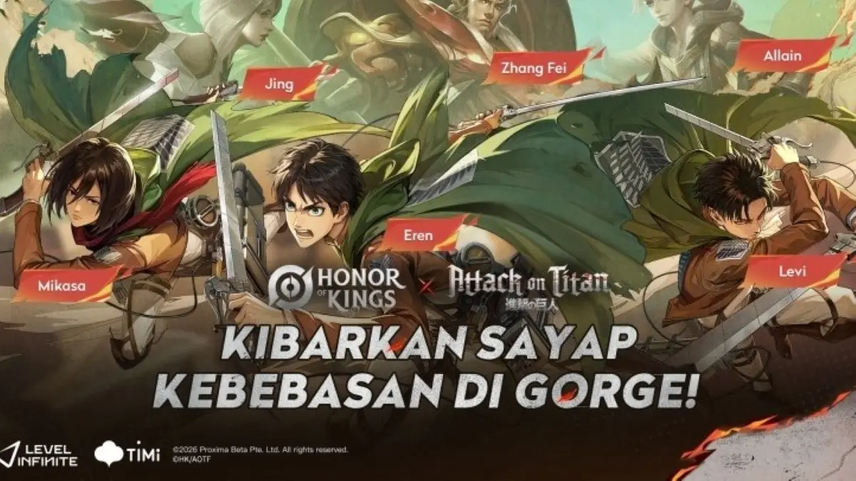 Kolaborasi Honor of Kings dan Attack on Titan menghadirkan skin eksklusif, mode baru, dan hadiah gratis. (Esports ID)