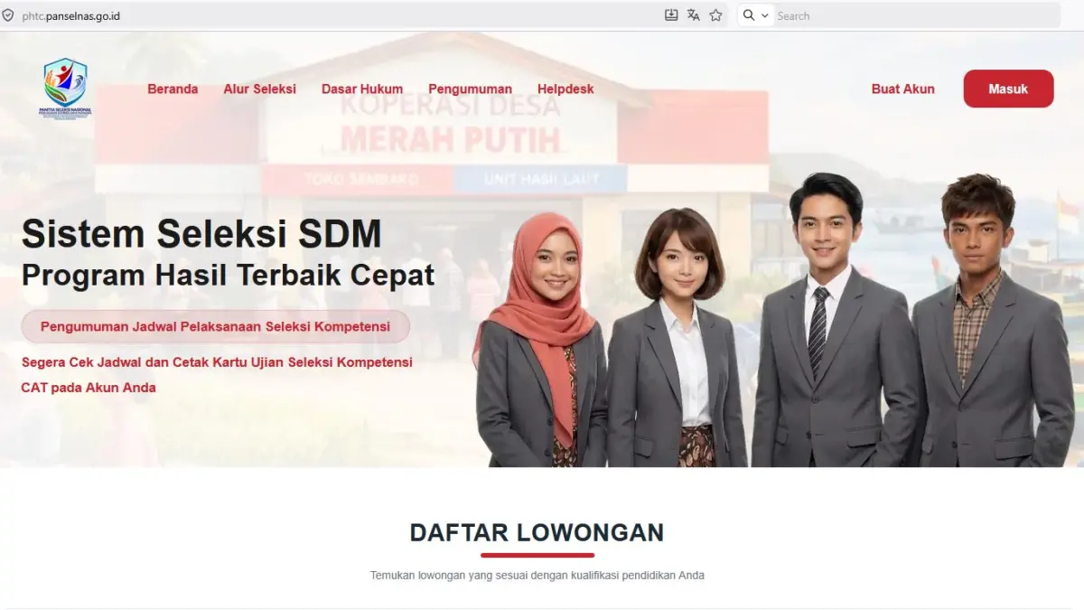 Cek link resmi pengumuman seleksi administrasi Kopdes Merah Putih 2026 di laman phtc.panselnas.go.id (tangkapan layar)