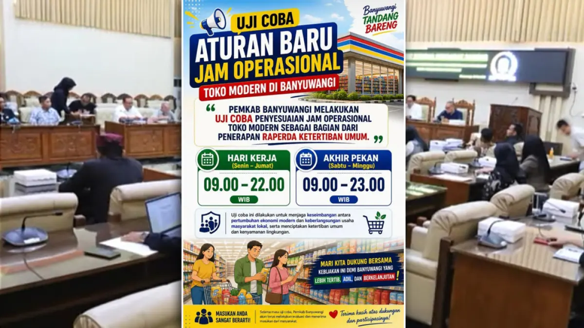 Pemkab Banyuwangi uji coba jam operasional toko modern. Berlaku 09.00–22.00 (weekday) dan 09.00–23.00 (weekend) jelang penetapan raperda.