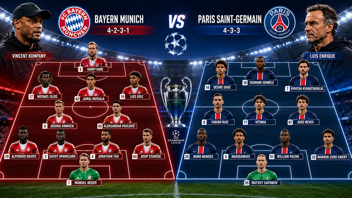 Analisis Bayern vs PSG leg 2 Liga Champions, statistik unggul Bayern, prediksi skor, dan peluang comeback di Allianz Arena. (Ilustrasi ChatGPT Image)