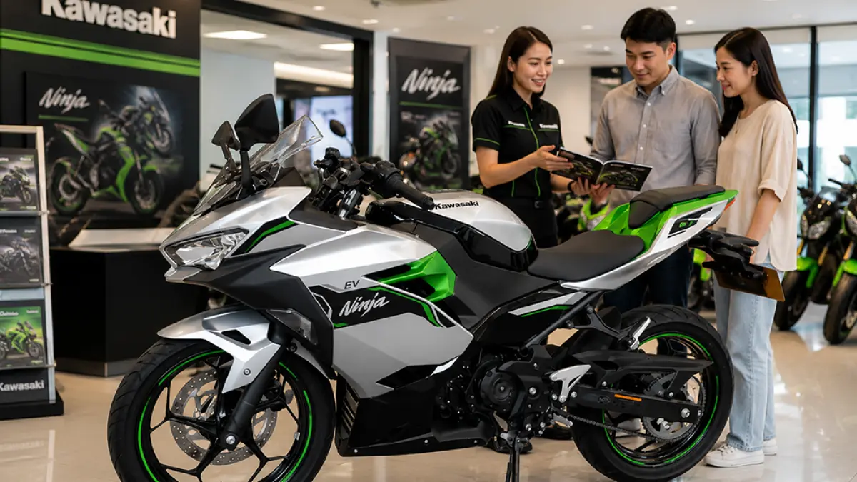 Kawasaki Ninja e-1 2026 hadir sebagai motor listrik sport futuristik dengan fitur canggih, tenaga instan, dan harga mulai Rp 150 jutaan. (Ilustrasi ChatGPT Image)