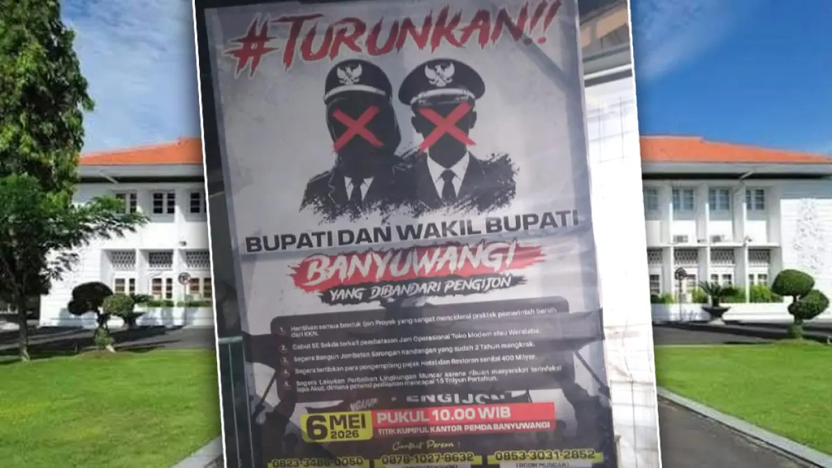 Poster demo turunkan Bupati Banyuwangi viral 6 Mei 2026. Benarkah ada aksi 5.000 massa? Ini fakta, klarifikasi, dan kondisi terkini.