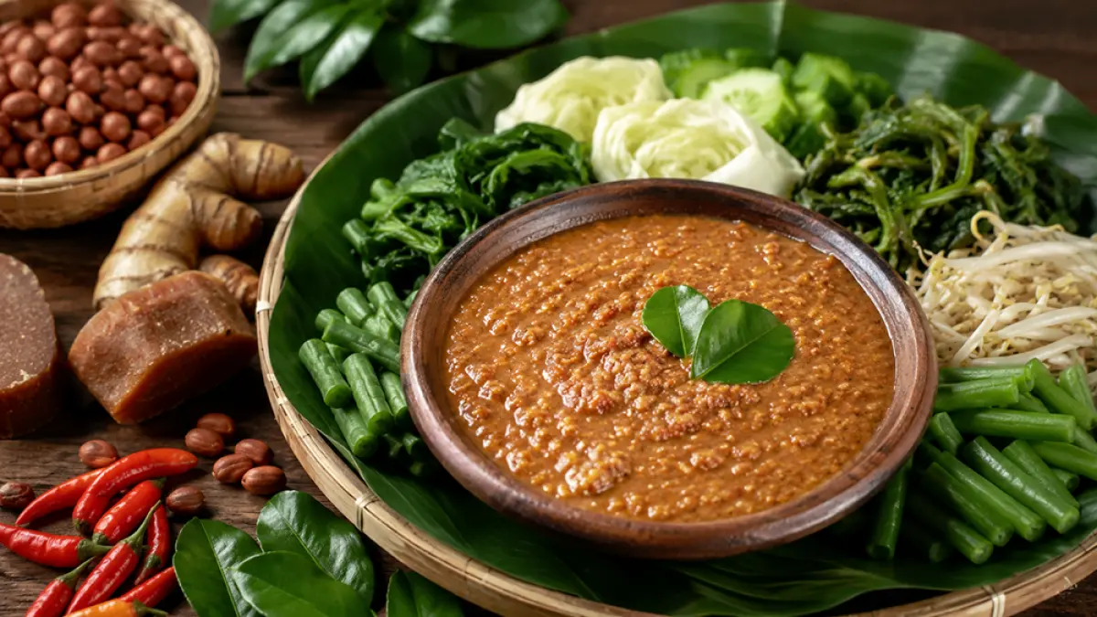Resep bumbu pecel Madiun khas Jawa Timur dengan cita rasa gurih, pedas, dan manis. (ChatGPT Image)